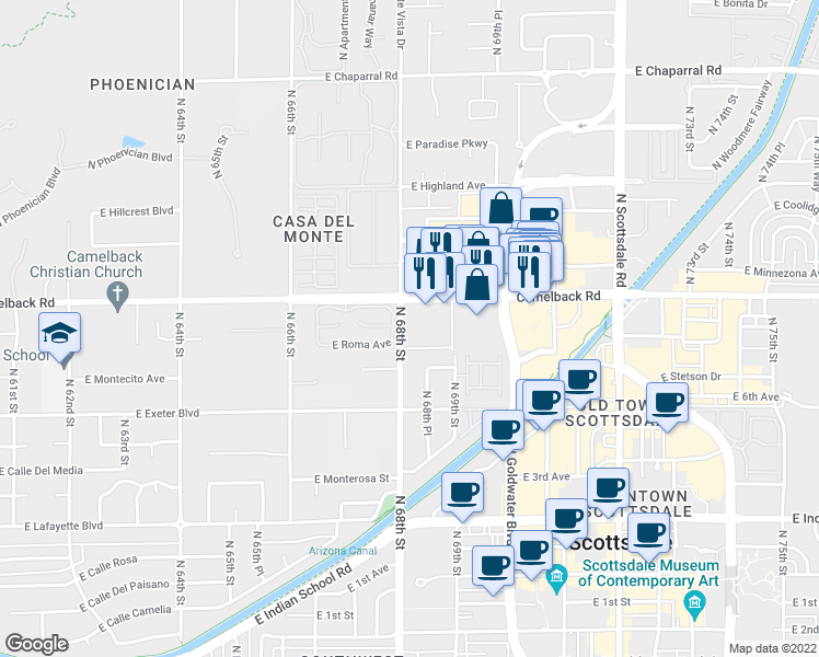 map of restaurants, bars, coffee shops, grocery stores, and more near 6895 East Camelback Road in Scottsdale