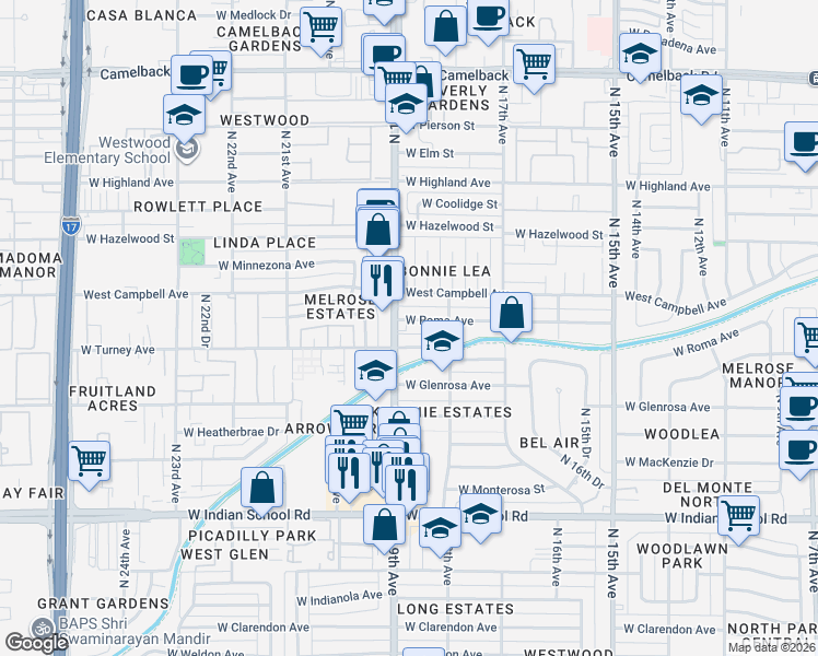 map of restaurants, bars, coffee shops, grocery stores, and more near 4411 North 19th Avenue in Phoenix
