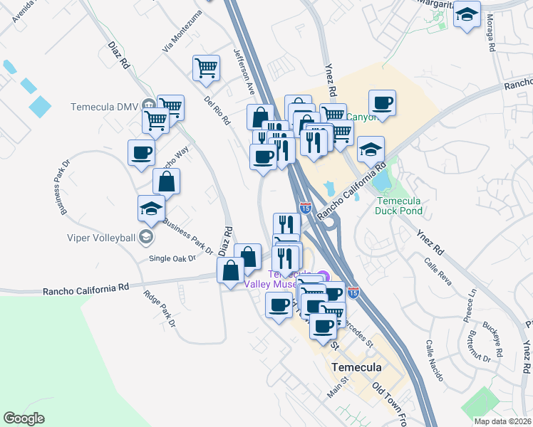 map of restaurants, bars, coffee shops, grocery stores, and more near 28170 Jefferson Avenue in Temecula