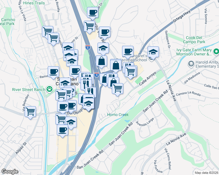 map of restaurants, bars, coffee shops, grocery stores, and more near 27124 Paseo Espada in San Juan Capistrano