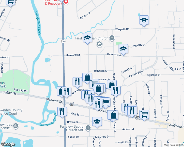 map of restaurants, bars, coffee shops, grocery stores, and more near 204 Rebecca Lane in Columbus