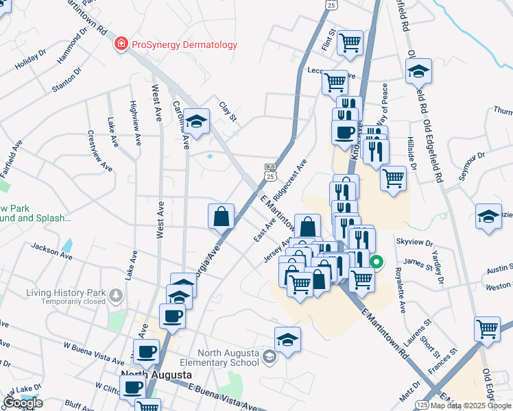 map of restaurants, bars, coffee shops, grocery stores, and more near 111 East Summit Avenue in North Augusta