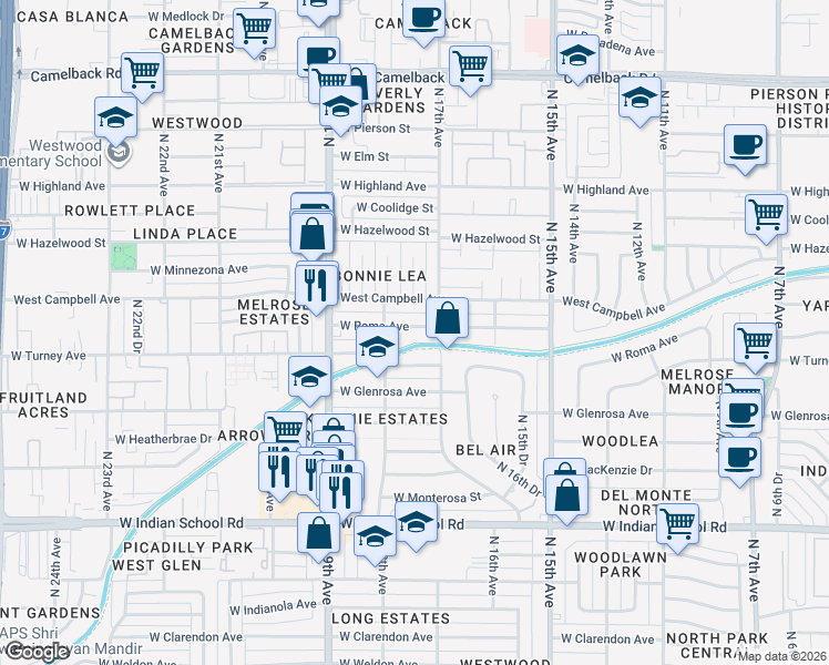 map of restaurants, bars, coffee shops, grocery stores, and more near 1723 West Roma Avenue in Phoenix