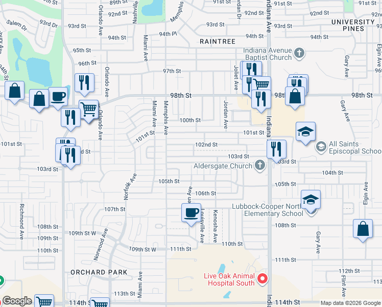 map of restaurants, bars, coffee shops, grocery stores, and more near 3702 103rd Street in Lubbock