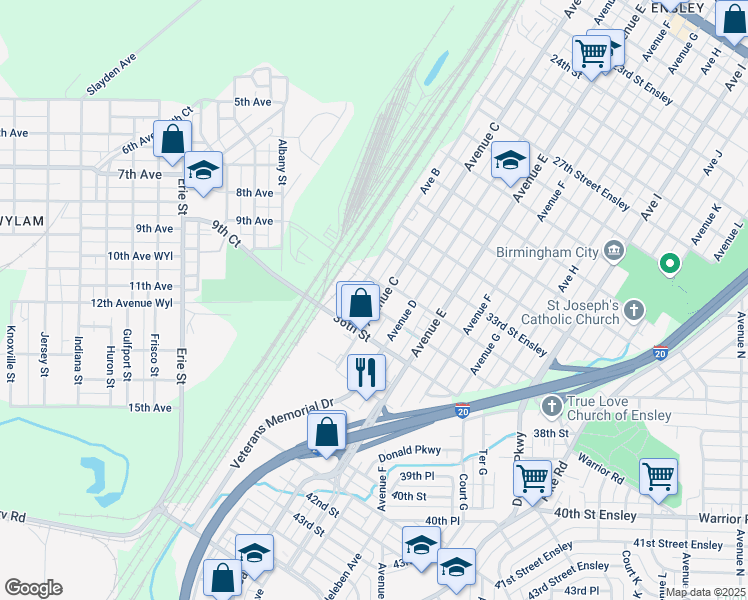 map of restaurants, bars, coffee shops, grocery stores, and more near 3510 Avenue C in Birmingham