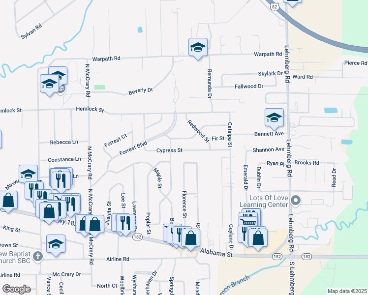 map of restaurants, bars, coffee shops, grocery stores, and more near 715 Cypress Street in Columbus