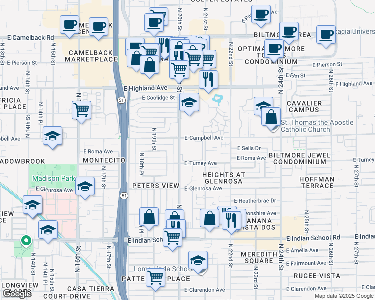 map of restaurants, bars, coffee shops, grocery stores, and more near 2019 East Campbell Avenue in Phoenix