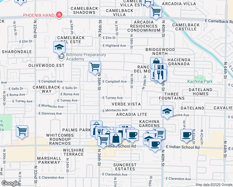 map of restaurants, bars, coffee shops, grocery stores, and more near 3704 East Turney Avenue in Phoenix