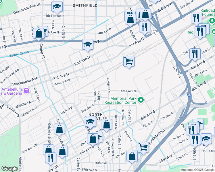map of restaurants, bars, coffee shops, grocery stores, and more near 46 Omega Street South in Birmingham