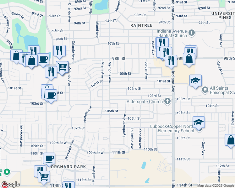 map of restaurants, bars, coffee shops, grocery stores, and more near 3712 103rd Street in Lubbock