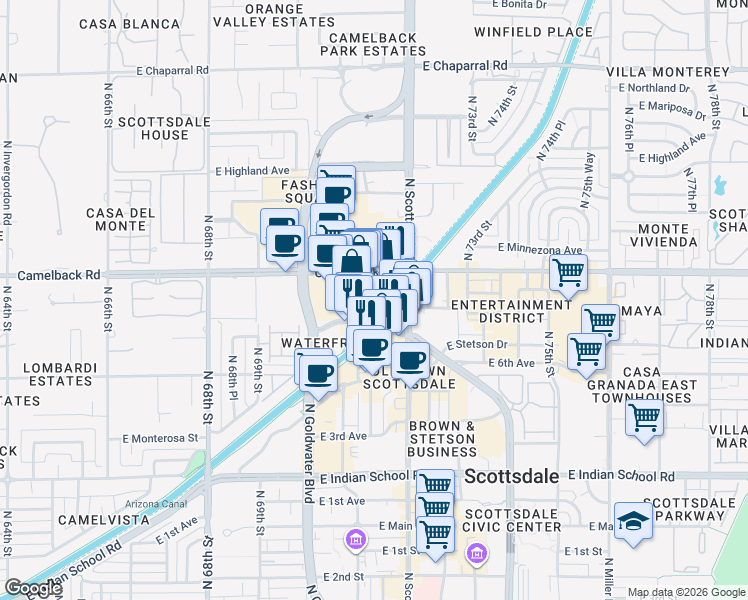 map of restaurants, bars, coffee shops, grocery stores, and more near in Scottsdale