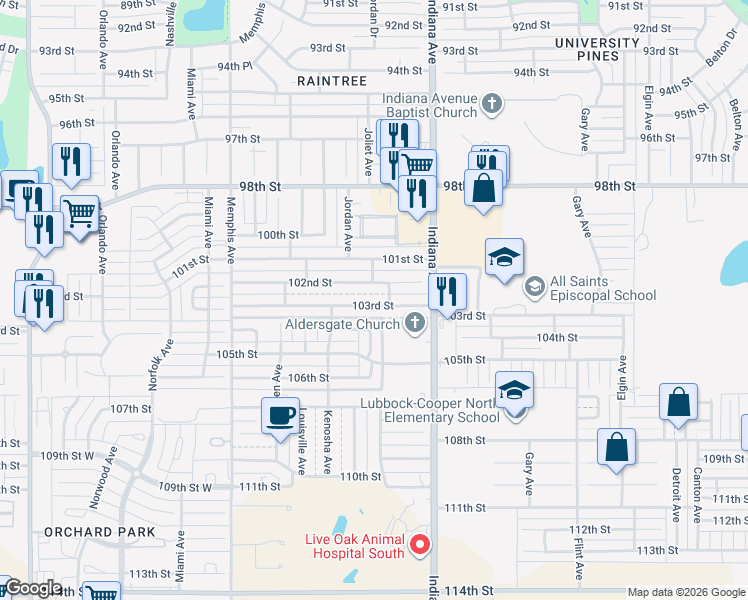 map of restaurants, bars, coffee shops, grocery stores, and more near 3508 103rd Street in Lubbock