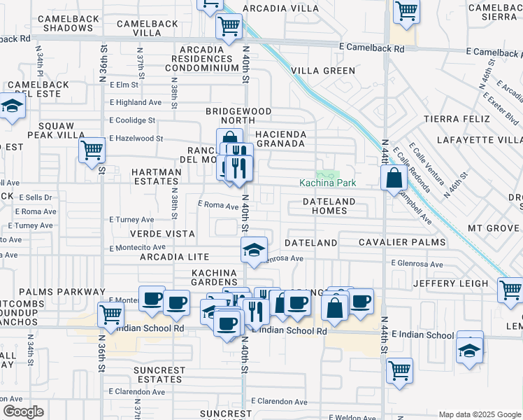 map of restaurants, bars, coffee shops, grocery stores, and more near 4401 North 40th Street in Phoenix