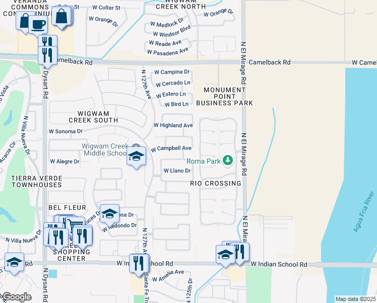 map of restaurants, bars, coffee shops, grocery stores, and more near 12516 West Alegre Drive in Litchfield Park