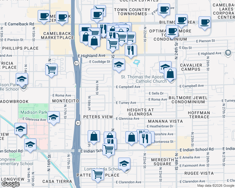 map of restaurants, bars, coffee shops, grocery stores, and more near 2025 East Campbell Avenue in Phoenix