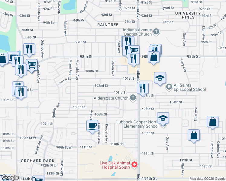 map of restaurants, bars, coffee shops, grocery stores, and more near 3522 103rd Street in Lubbock