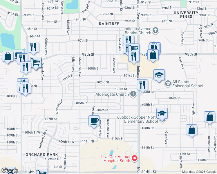 map of restaurants, bars, coffee shops, grocery stores, and more near 3522 103rd Street in Lubbock