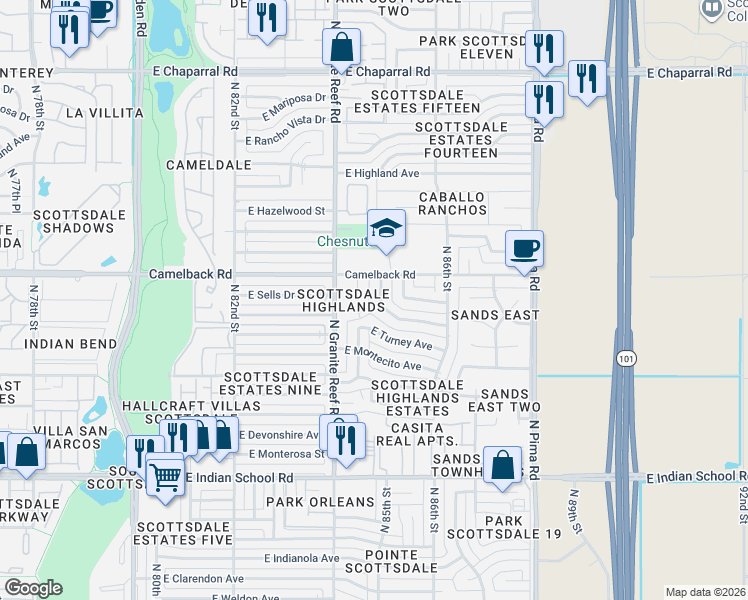 map of restaurants, bars, coffee shops, grocery stores, and more near 4420 North 85th Street in Scottsdale