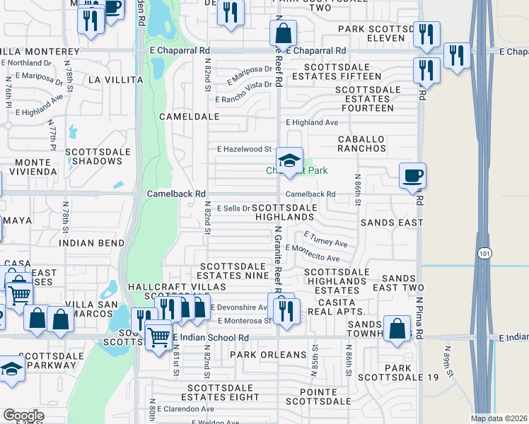 map of restaurants, bars, coffee shops, grocery stores, and more near 8322 East Roma Avenue in Scottsdale