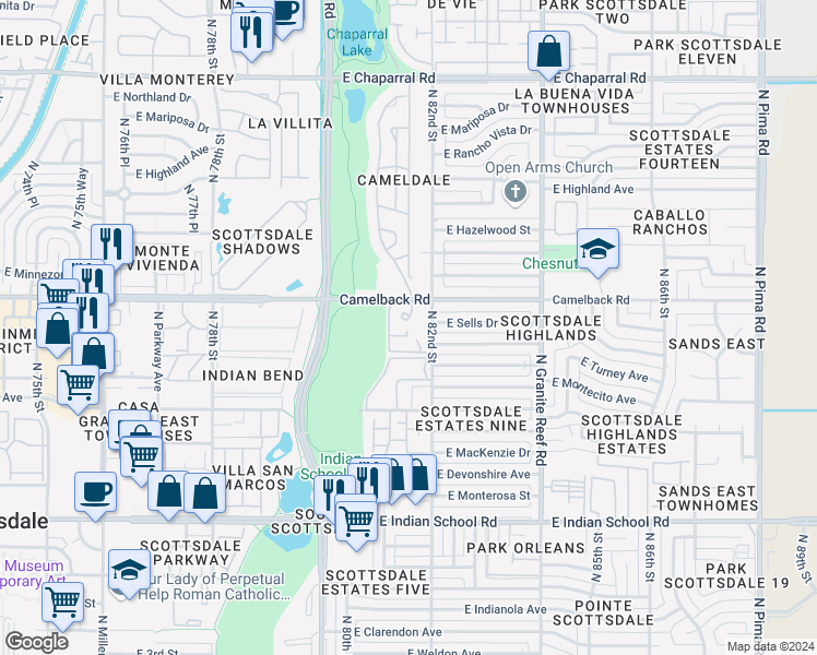 map of restaurants, bars, coffee shops, grocery stores, and more near 8145 East Camelback Road in Scottsdale