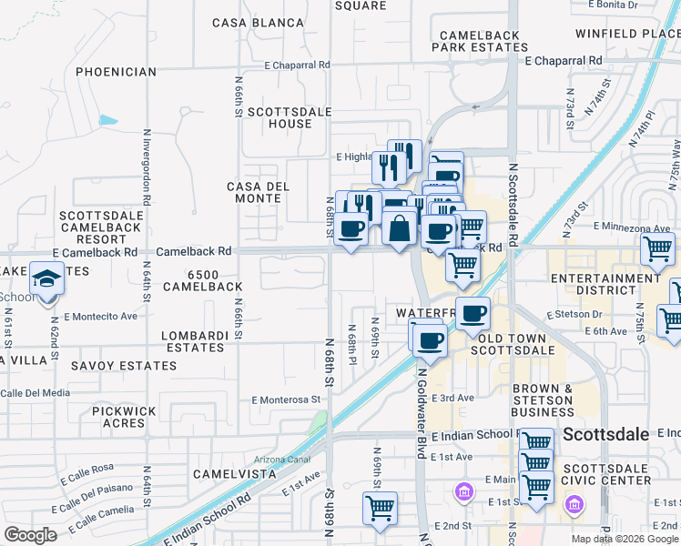map of restaurants, bars, coffee shops, grocery stores, and more near 6815 East Camelback Road in Scottsdale