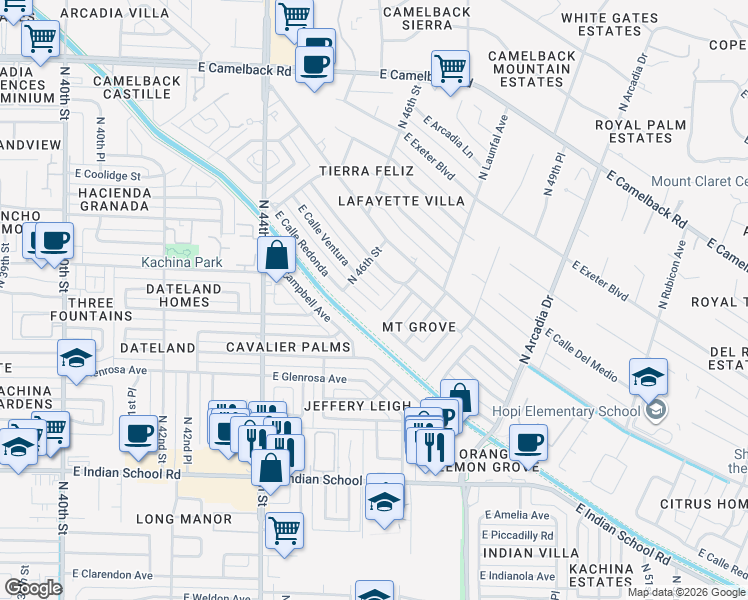map of restaurants, bars, coffee shops, grocery stores, and more near 4628 East Calle Redonda in Phoenix