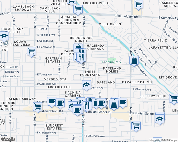 map of restaurants, bars, coffee shops, grocery stores, and more near 4401 North 40th Street in Phoenix