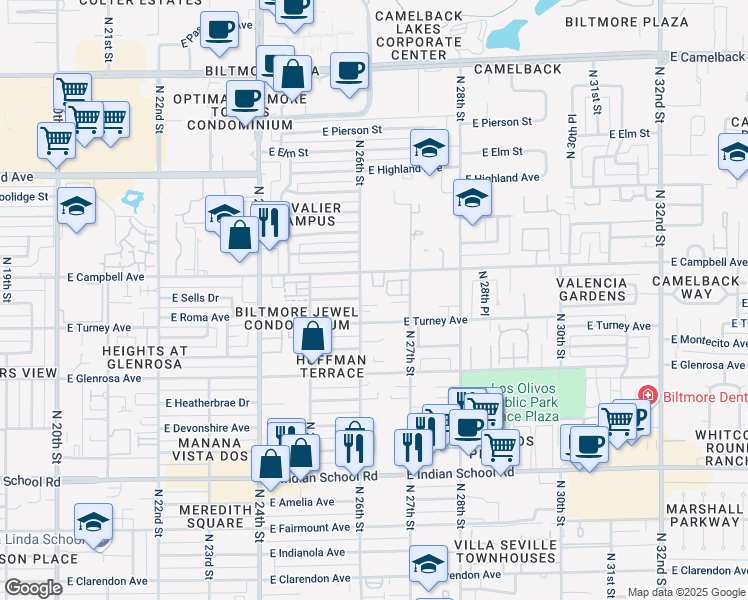 map of restaurants, bars, coffee shops, grocery stores, and more near 2545 East Roma Avenue in Phoenix