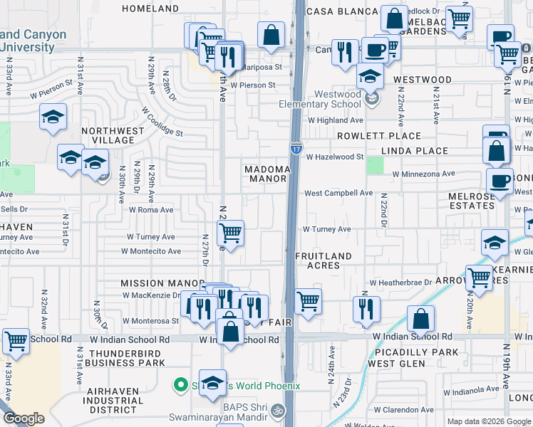 map of restaurants, bars, coffee shops, grocery stores, and more near 2529 West Campbell Avenue in Phoenix