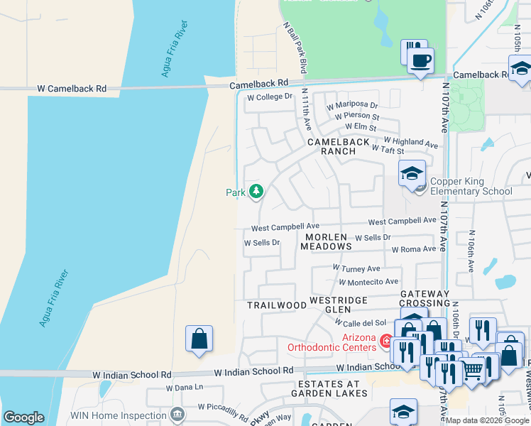 map of restaurants, bars, coffee shops, grocery stores, and more near 11227 West Minnezona Avenue in Phoenix