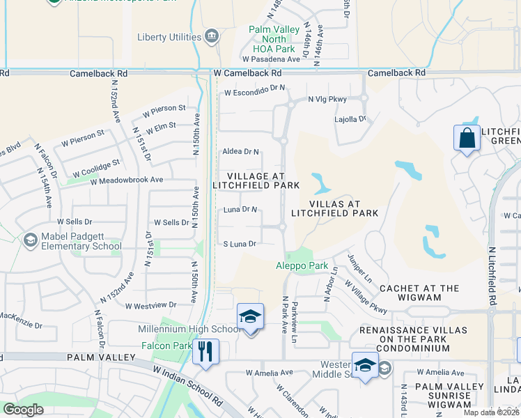 map of restaurants, bars, coffee shops, grocery stores, and more near 12802 Segovia Drive in Litchfield Park