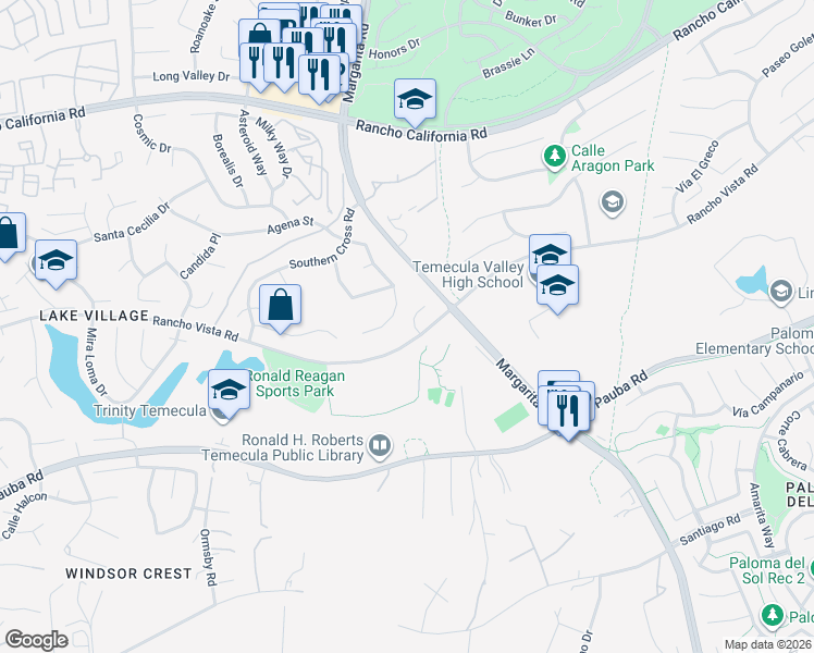 map of restaurants, bars, coffee shops, grocery stores, and more near 43070 Argo Court in Temecula