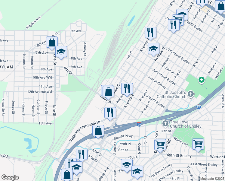 map of restaurants, bars, coffee shops, grocery stores, and more near 3510 Avenue C in Birmingham