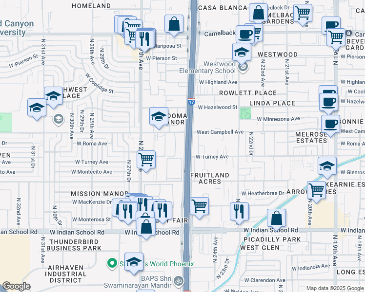 map of restaurants, bars, coffee shops, grocery stores, and more near 4410 North Black Canyon Highway in Phoenix