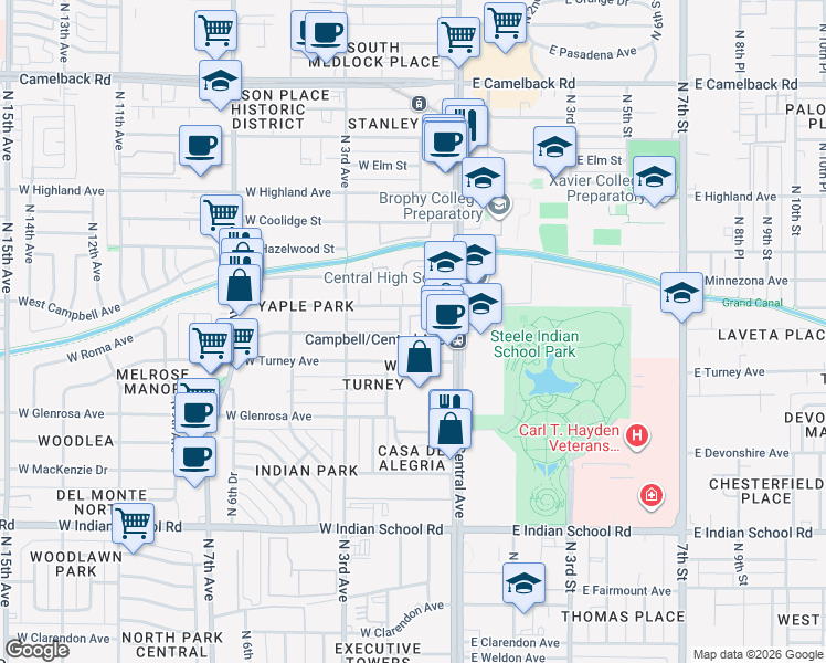 map of restaurants, bars, coffee shops, grocery stores, and more near 1 West Campbell Avenue in Phoenix