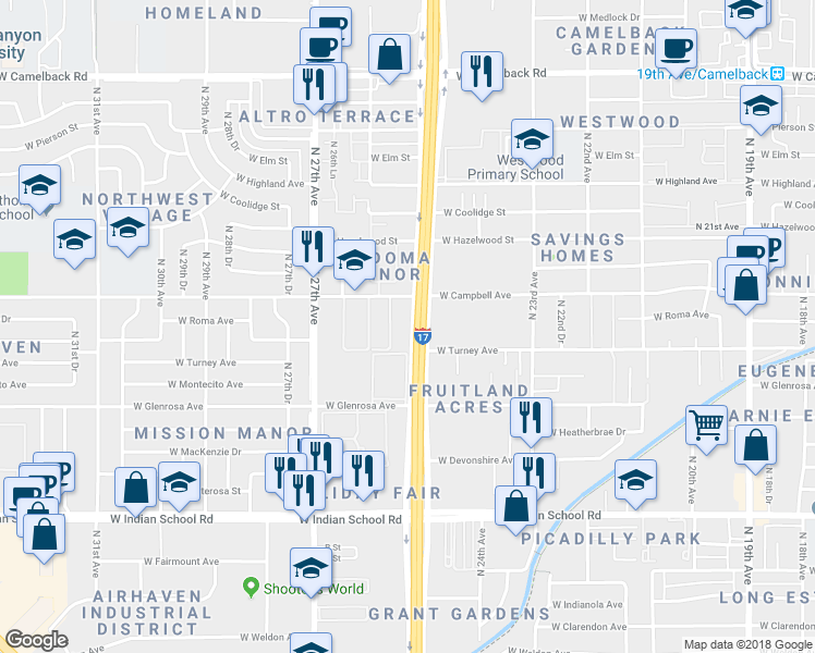 map of restaurants, bars, coffee shops, grocery stores, and more near 4410 North Black Canyon Highway in Phoenix