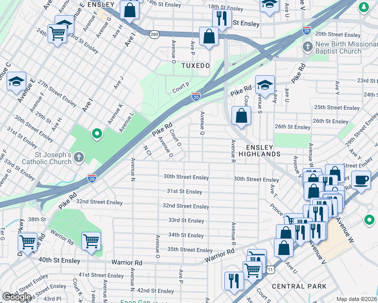 map of restaurants, bars, coffee shops, grocery stores, and more near 1601 28th Street Ensley in Birmingham
