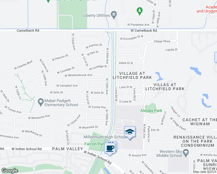 map of restaurants, bars, coffee shops, grocery stores, and more near 4545 North 150th Avenue in Goodyear