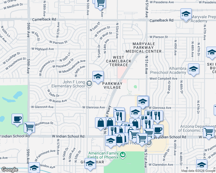 map of restaurants, bars, coffee shops, grocery stores, and more near 4418 North 53rd Lane in Phoenix