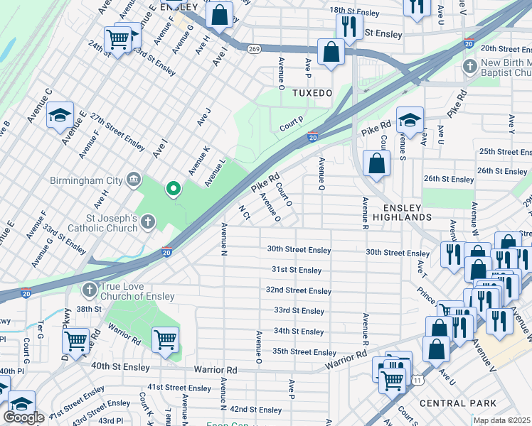 map of restaurants, bars, coffee shops, grocery stores, and more near 1445 27th Street Ensley in Birmingham