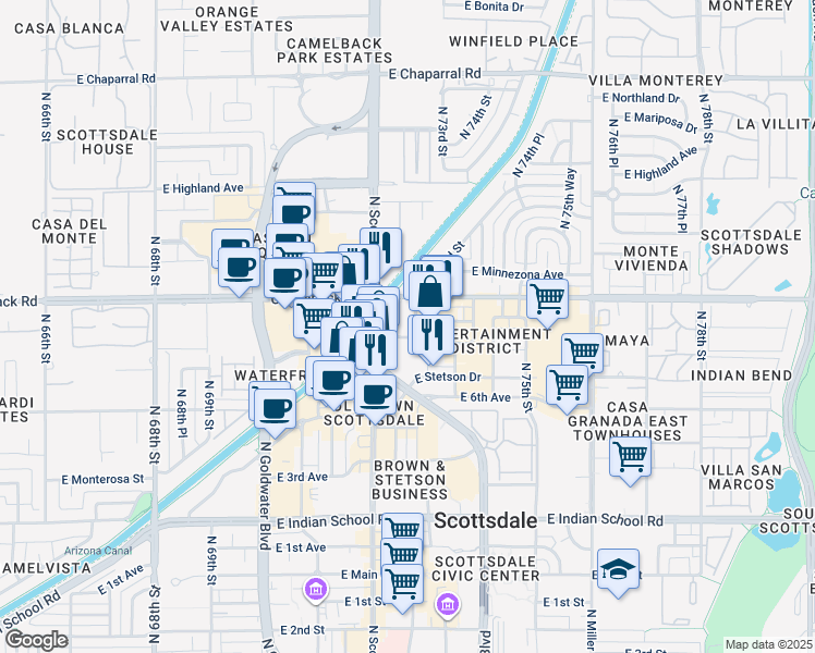 map of restaurants, bars, coffee shops, grocery stores, and more near 7216 East Shoeman Lane in Scottsdale