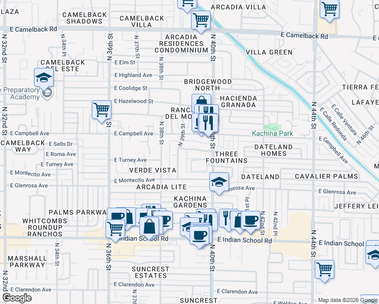 map of restaurants, bars, coffee shops, grocery stores, and more near 3915 East Roma Avenue in Phoenix