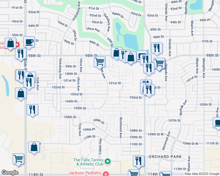 map of restaurants, bars, coffee shops, grocery stores, and more near 4512 102nd Street in Lubbock