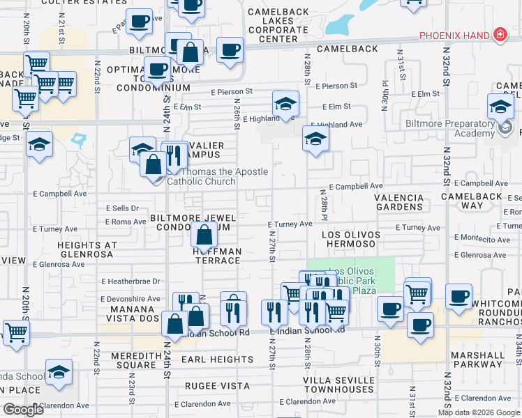 map of restaurants, bars, coffee shops, grocery stores, and more near 2629 East Roma Avenue in Phoenix