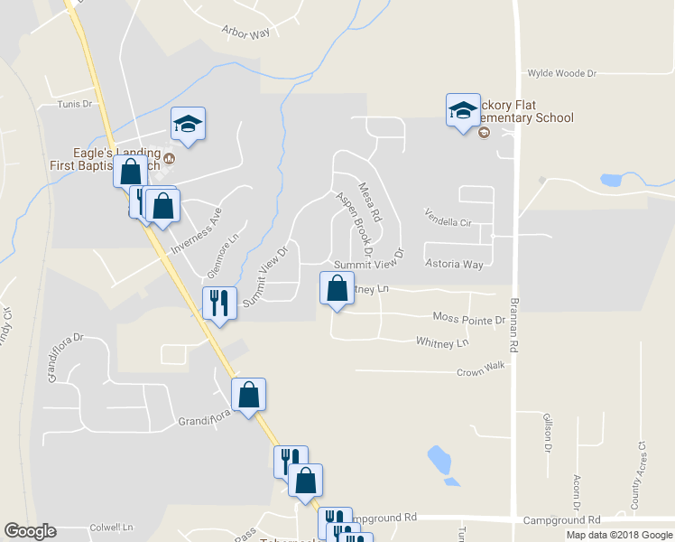 map of restaurants, bars, coffee shops, grocery stores, and more near 808 Summit View Drive in McDonough