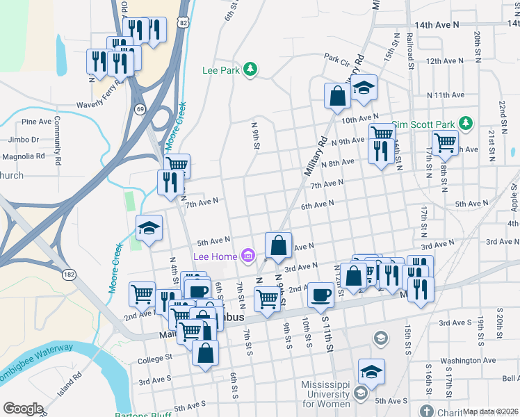 map of restaurants, bars, coffee shops, grocery stores, and more near 811 6th Avenue North in Columbus
