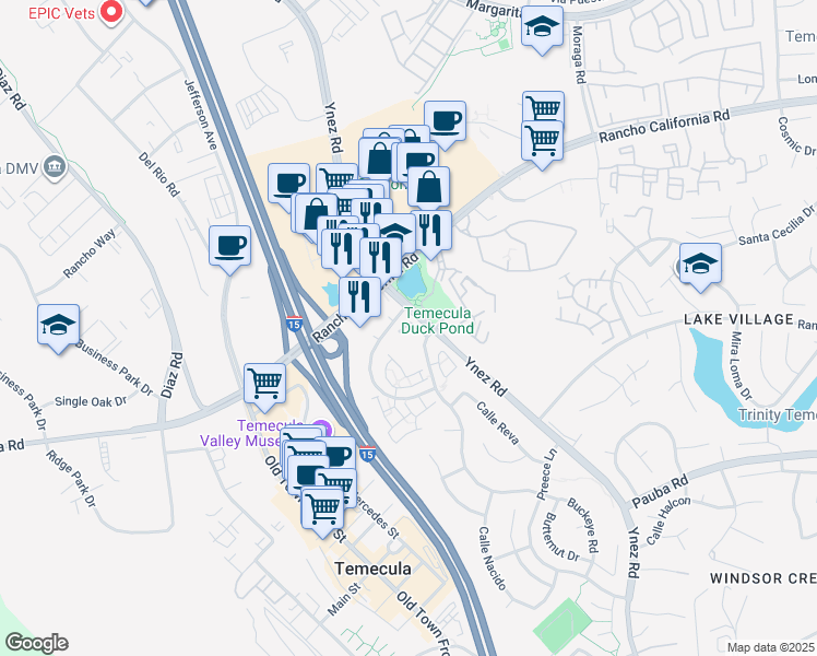 map of restaurants, bars, coffee shops, grocery stores, and more near 27727 Tierra Vista Road in Temecula