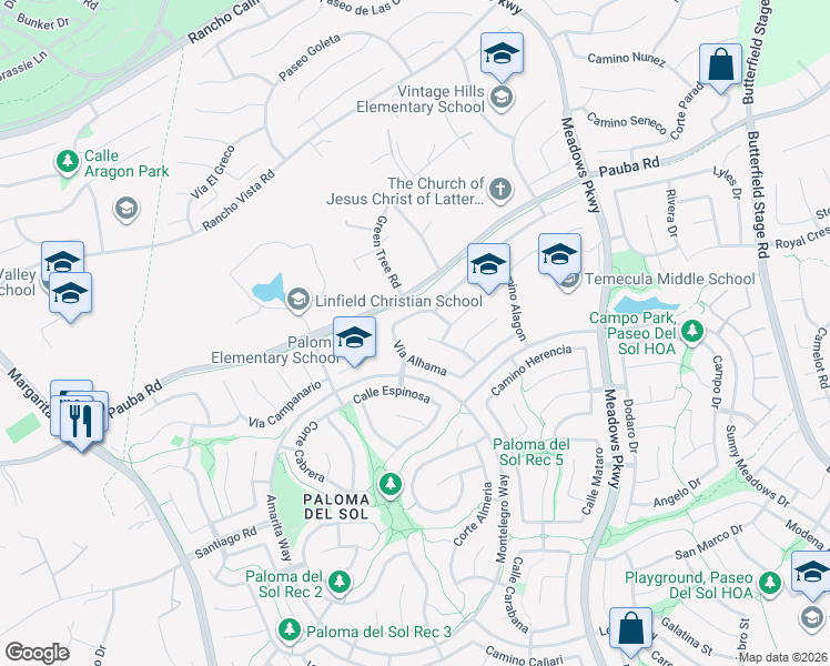 map of restaurants, bars, coffee shops, grocery stores, and more near 42898 Calle Londe in Temecula
