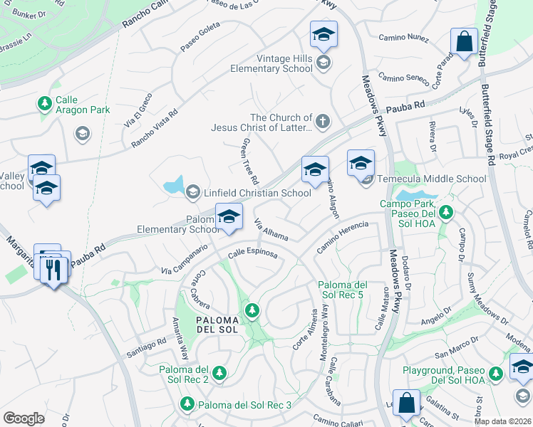 map of restaurants, bars, coffee shops, grocery stores, and more near 42898 Calle Londe in Temecula