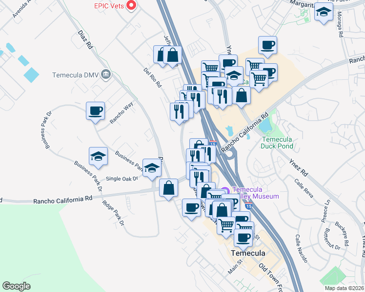 map of restaurants, bars, coffee shops, grocery stores, and more near 28180 Jefferson Avenue in Temecula